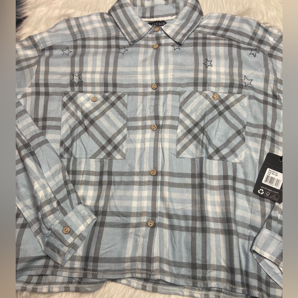 Blue Plaid Shirt with Embroidery
